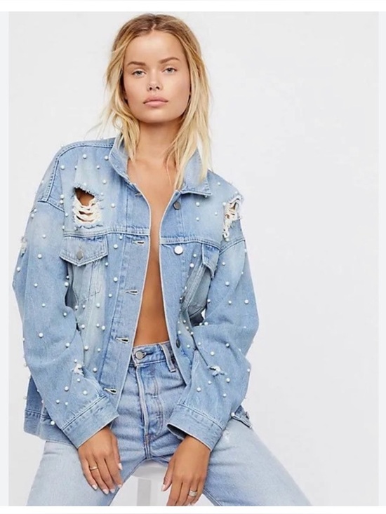 Free People Jackets & Blazers - Free People Sunday Funday Light Wash Distressed Denim Jacket with Pearl Studs